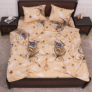 Євро максі набір постільної білизни бежевого кольору з принтом пір'я 200*220 з Бязі Gold , №151678 Черешенька™, фото 1