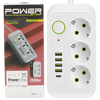 Мережевий фільтр 2м, 2500Вт, 3×220В, 4×USB, 1×Type, F09U, Білий / Подовжувач з вимикачем / Фільтр-подовжувач