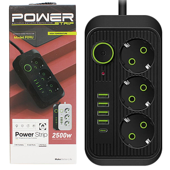 Мережевий фільтр 2м, 2500Вт, 3×220В, 4×USB, 1×Type, F09U, Чорний / Подовжувач з вимикачем / Фільтр-подовжувач