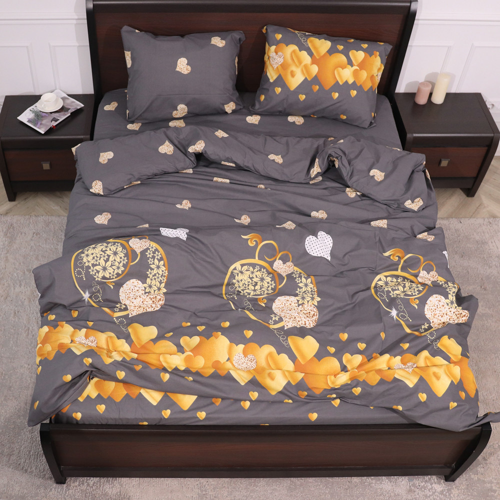 Двоспальний набір постільної білизни 180*220 сірого кольору з принтом «серце» з Бязі "Gold" №151682 Черешенка™