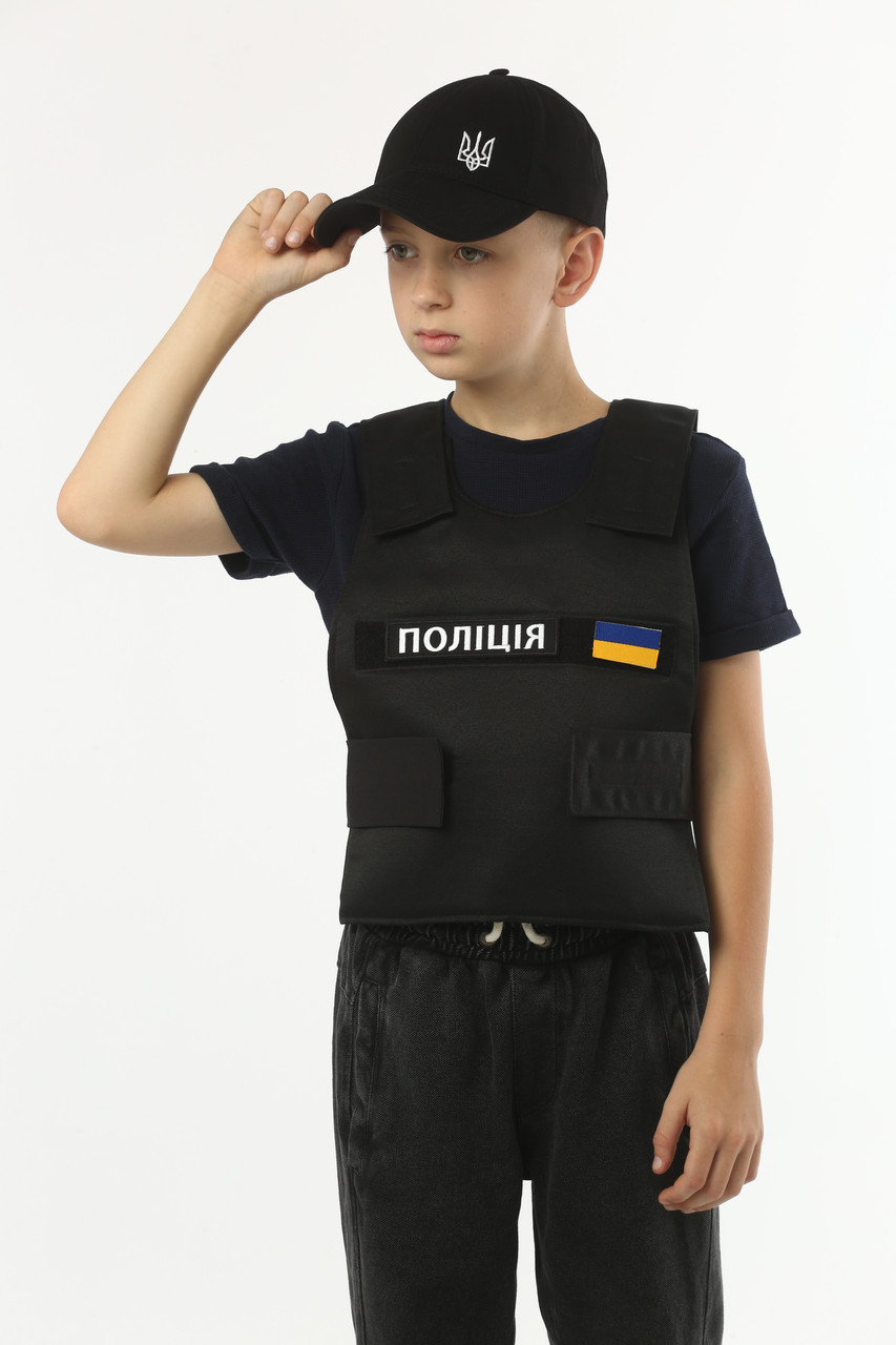 Костюм дитячий бронежилет поліцейського ігровий чорний унісекс з бейсболкою герб, 7-9 років, фото 1