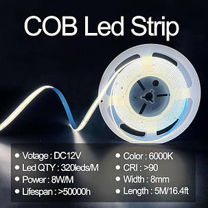 Світлодіодна стрічка HAMRVL COB біла 6000 K, DC24V 16.4ft/5M 320leds/M CRI90 гнучка світлодіодна стрічка 8 мм, для, фото 3