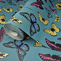 Шпалери вінілові 10 × 0.53 м Marburg 82129, сині з метеликами для дитячої кімнати, вітальні, креативної зони