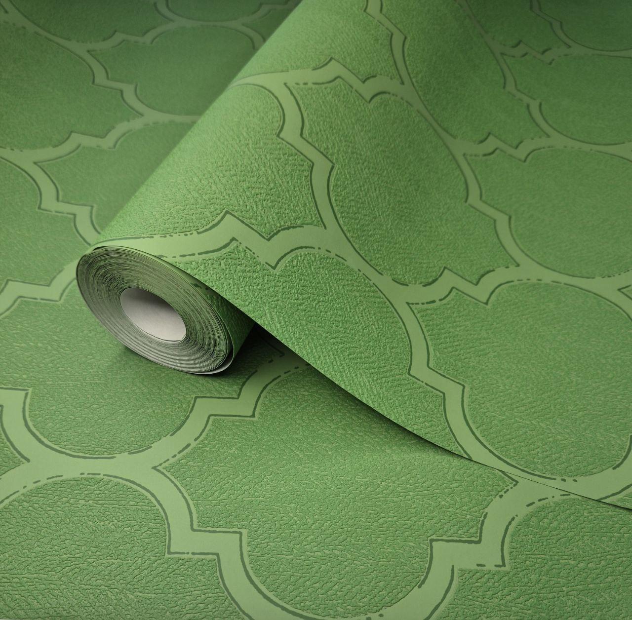 Шпалери вінілові 10 × 0.53 м Marburg 57146, зелені з геометричним візерунком для вітальні, кухні, спальні, коридору, фото 1