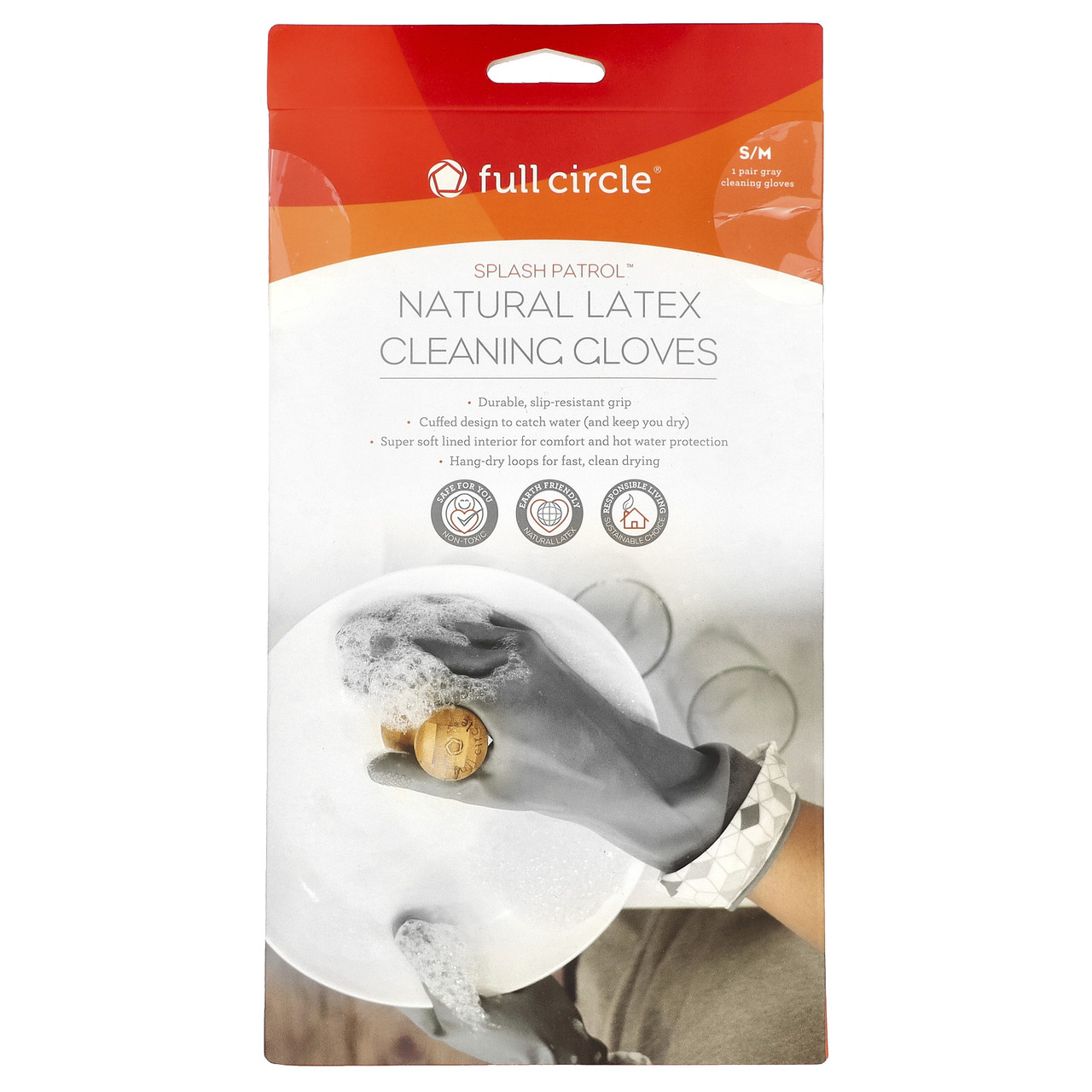Full Circle, Splash Patrol, Natural Latex Cleaning Gloves, Grey, Size S/M, Київ, фото 1