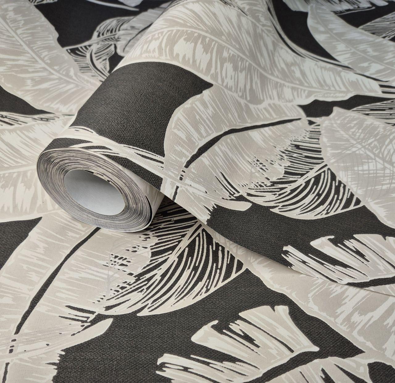 Шпалери вінілові 10 × 0.53 м 82119, чорні з білим листям для акцентної стіни, вітальні, спальні, коридору, фото 1