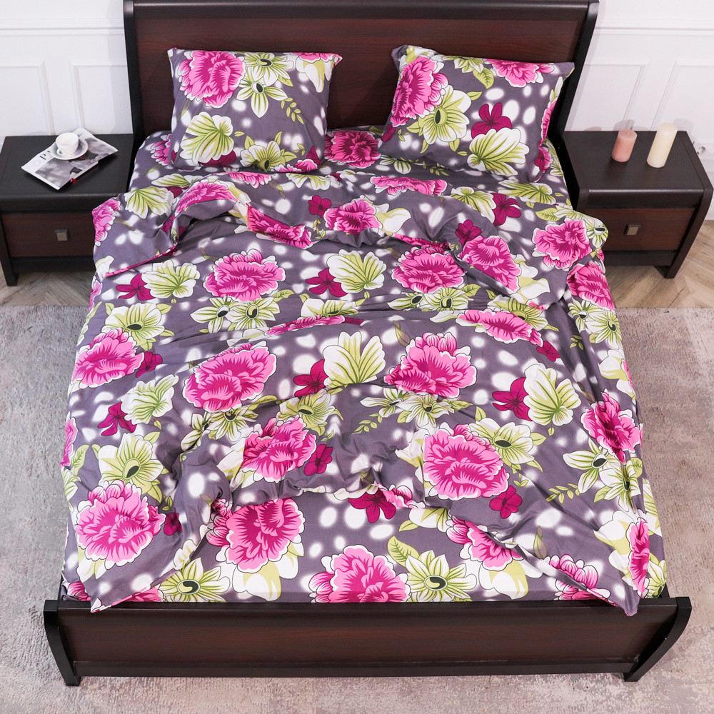 Сірий євро максі комплект постільної білизни з квітами 200*220 бавовняний із Бязі Gold практичний, Черешенька™