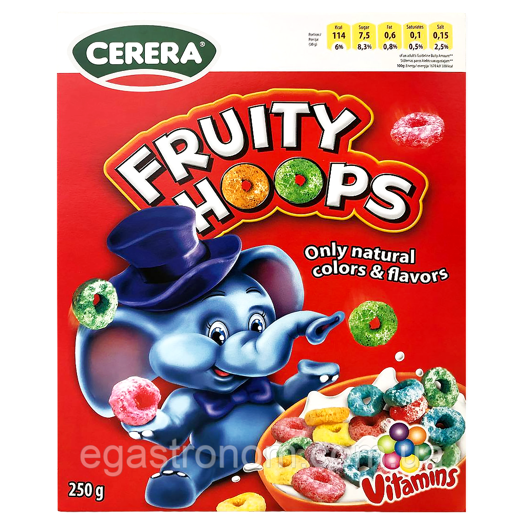 Сухий сніданок кольорові кільця Серера Cerera fruity hoops 250g 14шт/ящ (Код: 00-00017445)
