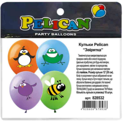 Набір кульок повітр. латексних 12"/30см "Звірятка" 10шт №828532/Pelican/(5), фото 1