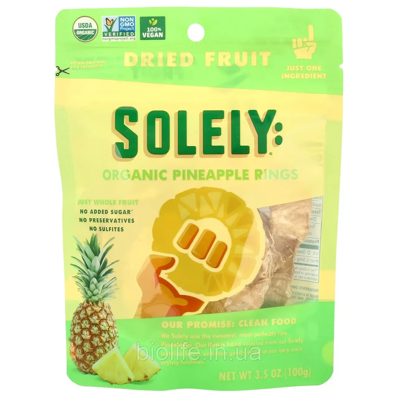 Solely, Кільця з органічного ананаса, 100 г (3,5 унції) оригінал, фото 1