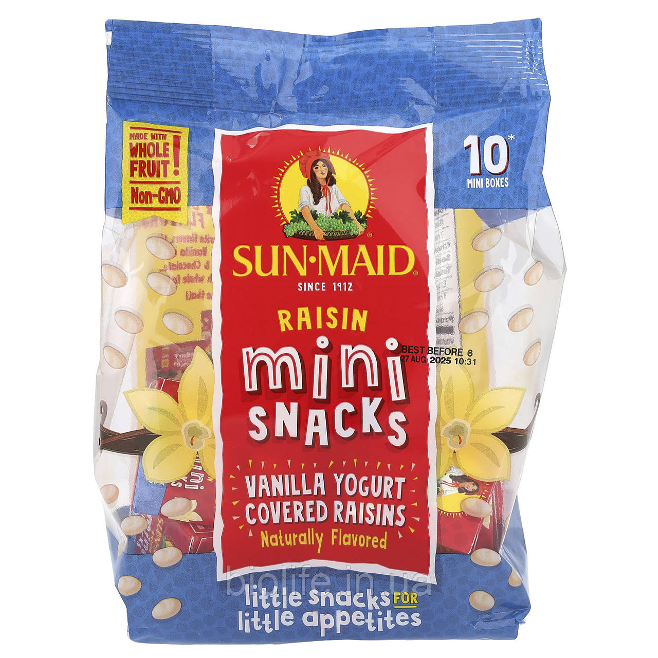 Sun-Maid, Родзинки зі смаком йогурту, мінізакуски, ваніль, 10 паковань, 142 г (5 унцій) оригінал, фото 1