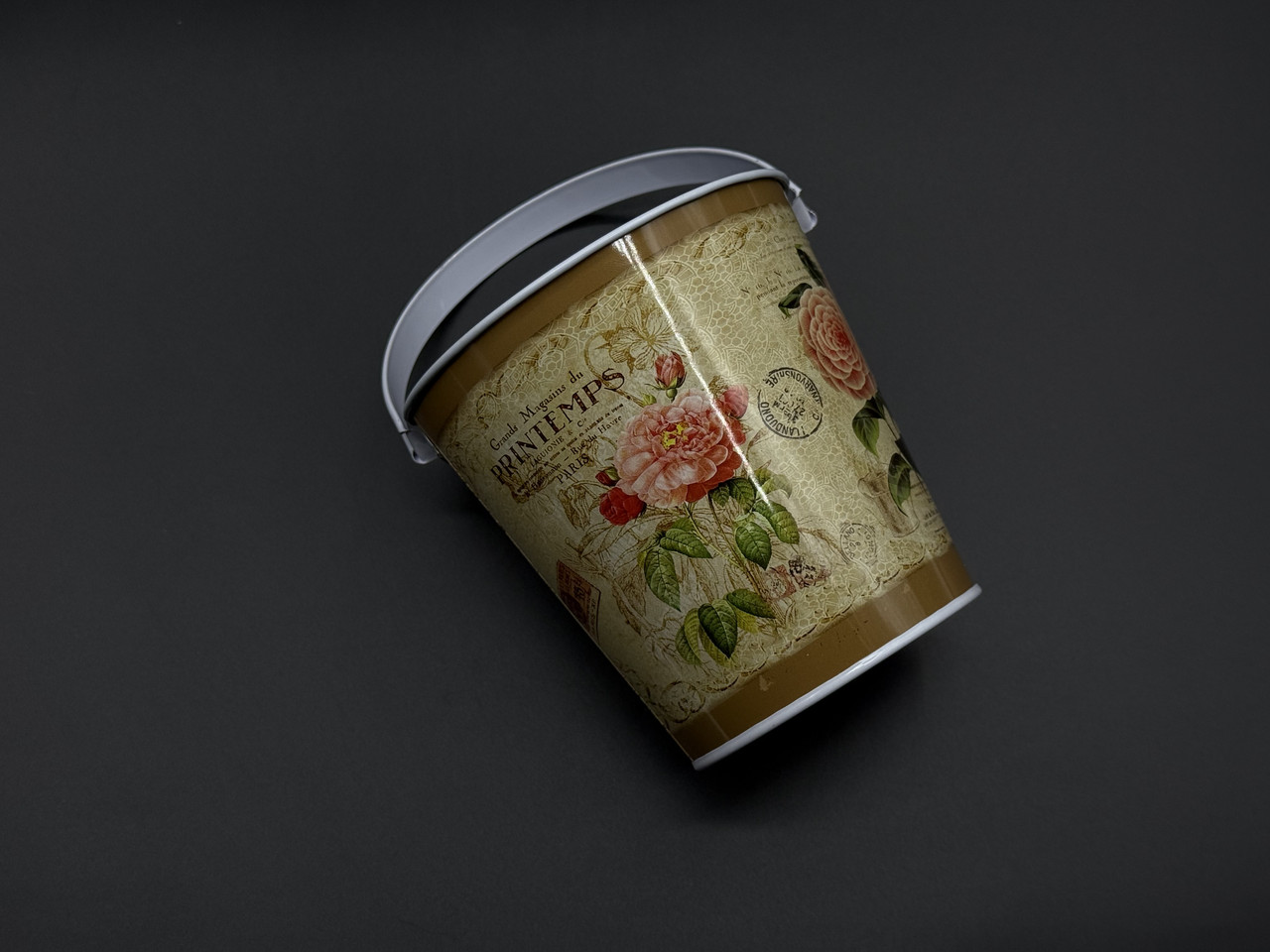 Декоративне відерце для квітів металеве. Прінт квіти. 10.7х10.5х7.6см, фото 1