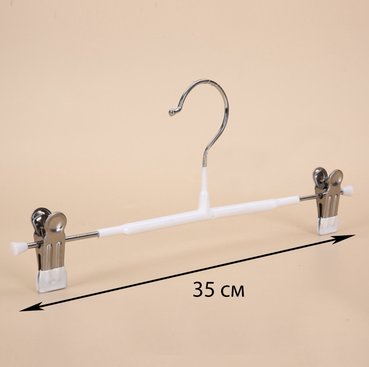 Вішаки плески трипеля з прищепками для штанів і спідниць 35 см (хром+білий силікон), фото 1