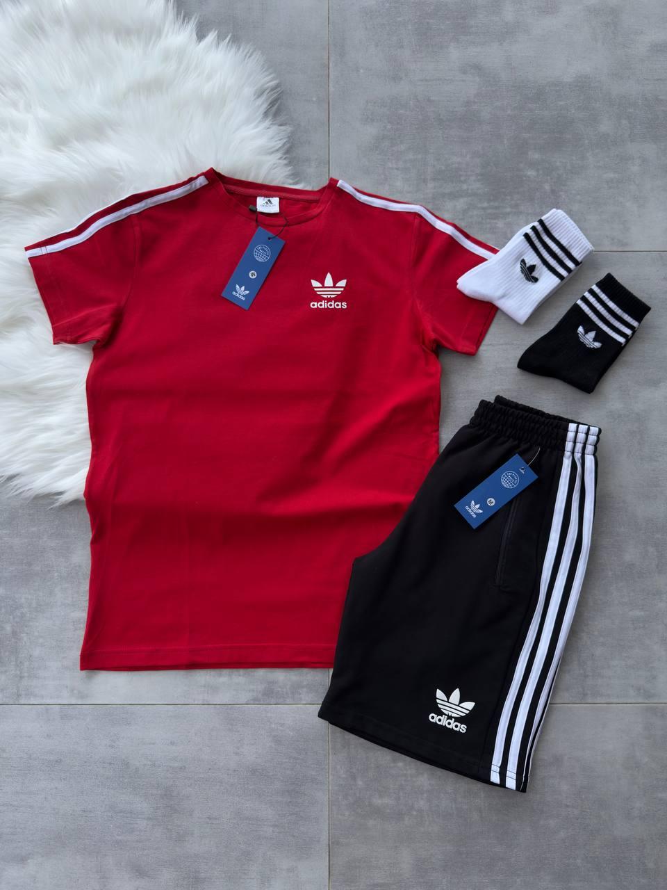 Костюм чоловічий літній Adidas футболка шорти шкарпетки червоний спортивний комплект адідас