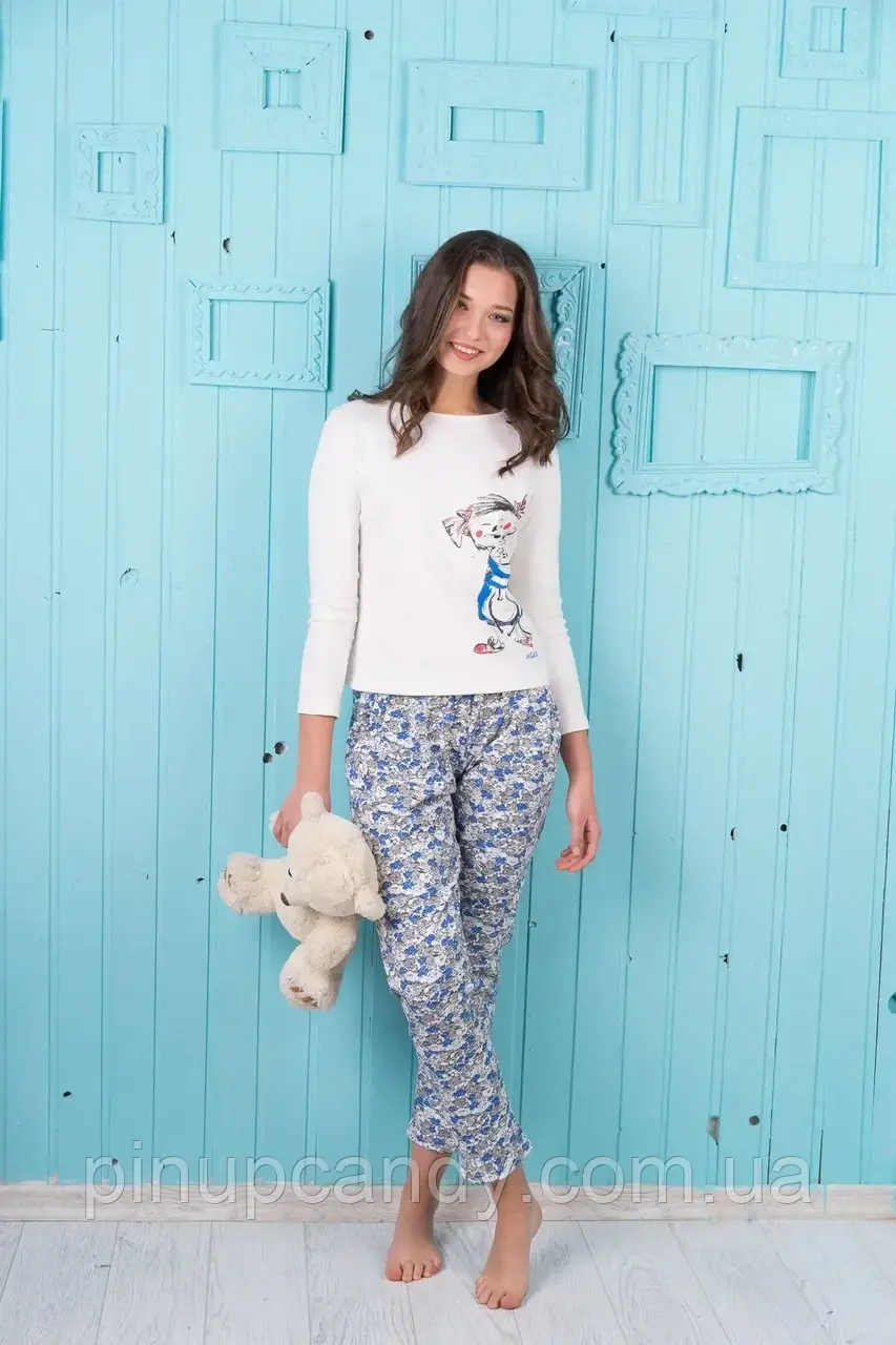 Піжама жіноча з довгим рукавом і брюками Lans 51/004 принт біла XL, фото 1