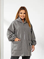 Женское весеннее пальто из ткани барашек с накладными карманами с капюшоном на молнии размеры 48-58