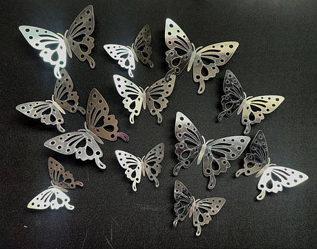 3D-наклейки метелика срібло 12штук набір JJ320-E Silver, фото 1