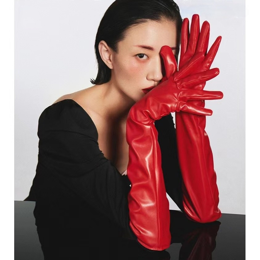 Високі рукавички жіночі із екошкіри червоний, фото 1