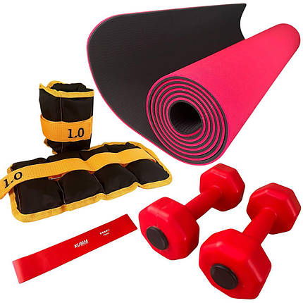 Набір для фітнесу 4 в 1, NEWDAY FIT SET, килимок для йоги, гантелі по 1 кг, обважнювачі по 1кг, еспандер, фото 1