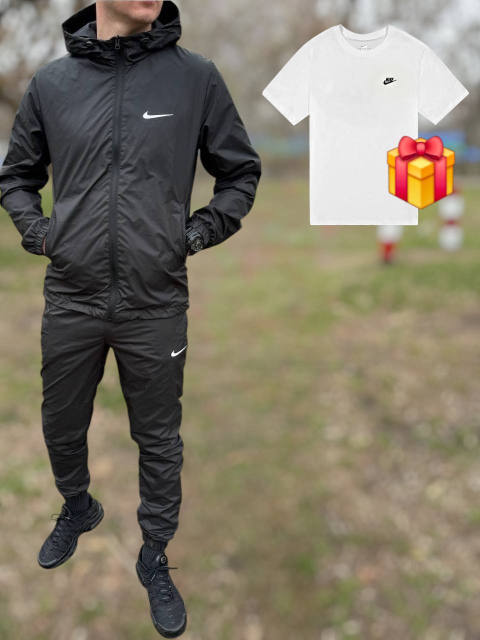 Спортивний костюм чоловічий Nike весна-осінь комплектом (вітровка+ штани) із плащівки водовідштовхувальний чорний. Живе фото, фото 1