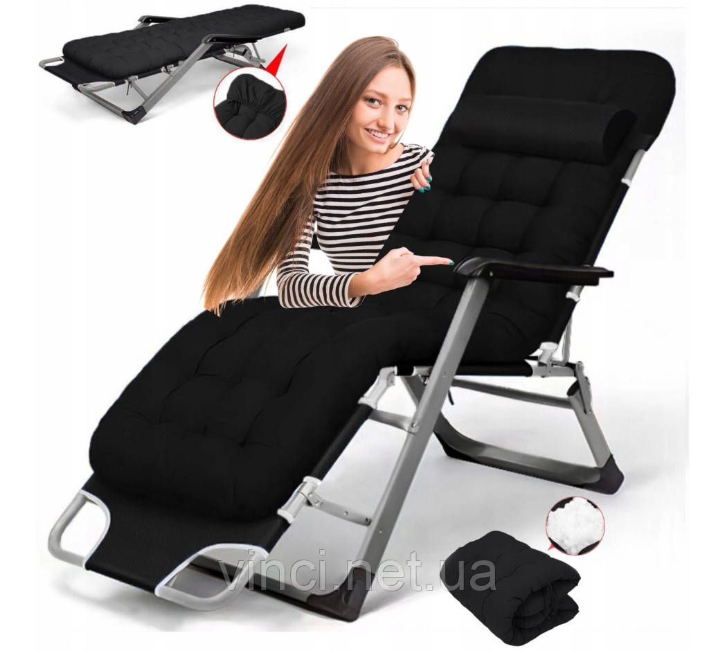 Садовий шезлонг + матрац IdealGarden G-SF02-BK ЧОРНИЙ Лежак до 120кг, фото 1