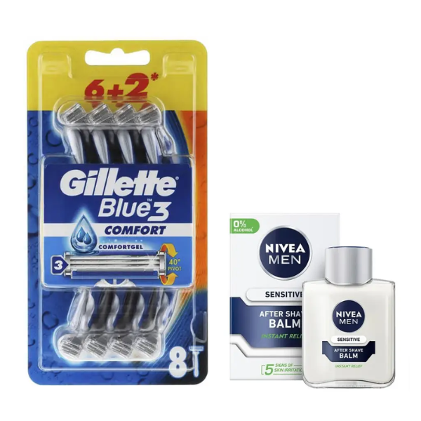 Набір одноразових станків для гоління Gillette Blue 3 Comfort Original (8 шт.) + Nivea Men Sensitive бальзам після гоління 100 мл