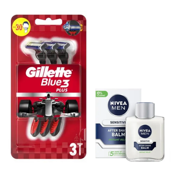 Набір одноразових станків для гоління Gillette Blue 3 Plus Red (3 шт.) + Nivea Men Sensitive бальзам після гоління 100 мл