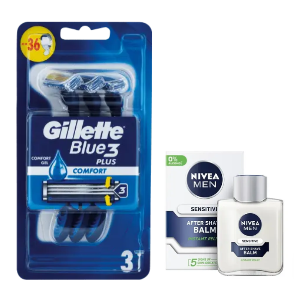 Набір Gillette Blue 3 Plus Comfort (3 шт) + Nivea Men Sensitive бальзам після гоління 100 мл