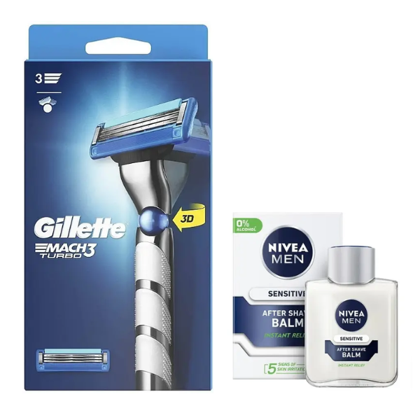 Станок для гоління Gillette Mach3 Turbo 3D Motion (1 картридж) + Nivea Men Sensitive бальзам після гоління 100 мл