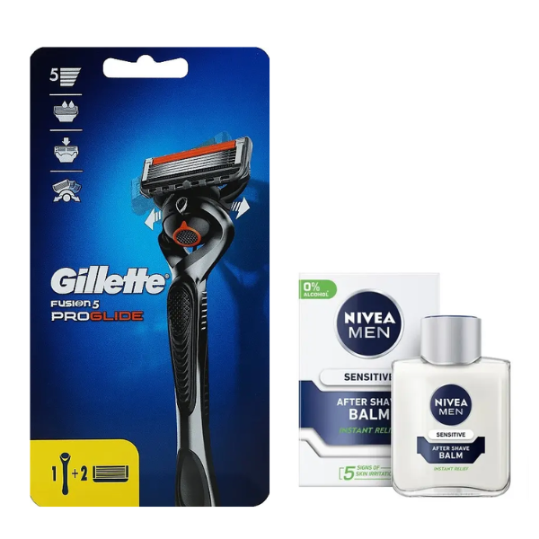 Станок для гоління Gillette Fusion ProGlide 2 картриджа Flexball + Nivea Men Sensitive бальзам після гоління 100 мл