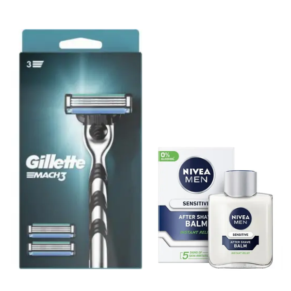 Станок для гоління Gillette Mach3 (3 касети) + Nivea Men Sensitive бальзам після гоління 100 мл