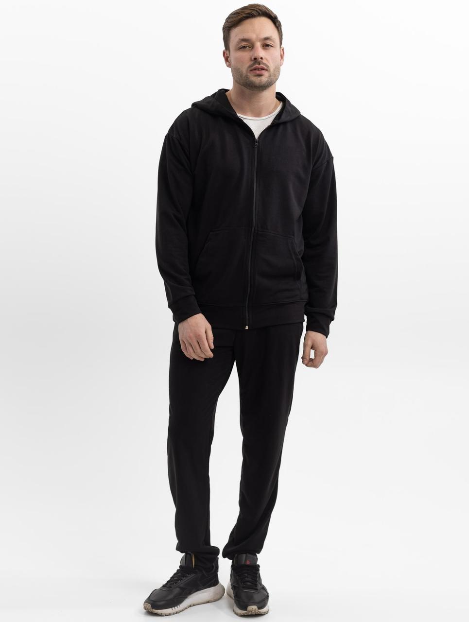 Чоловічий спортивний костюм на блискавці з капюшоном із двонитки весна-осінь чорний Moor-p, фото 1