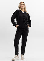 Жіночий спортивний костюм на блискавці з капюшоном із двонитки весна-осінь чорний Moor-p
