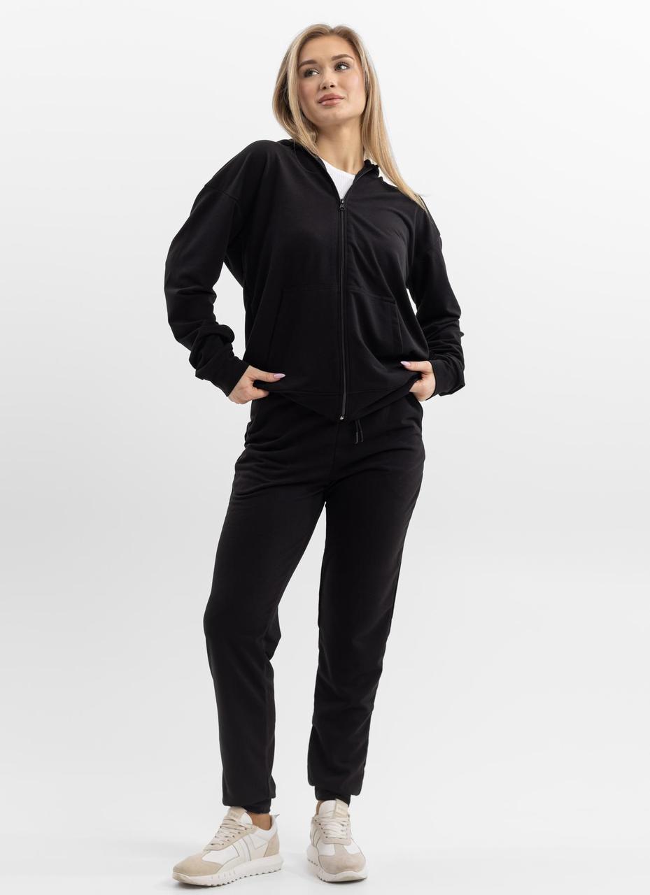 Жіночий спортивний костюм на блискавці з капюшоном із двонитки весна-осінь чорний Moor-p, фото 1