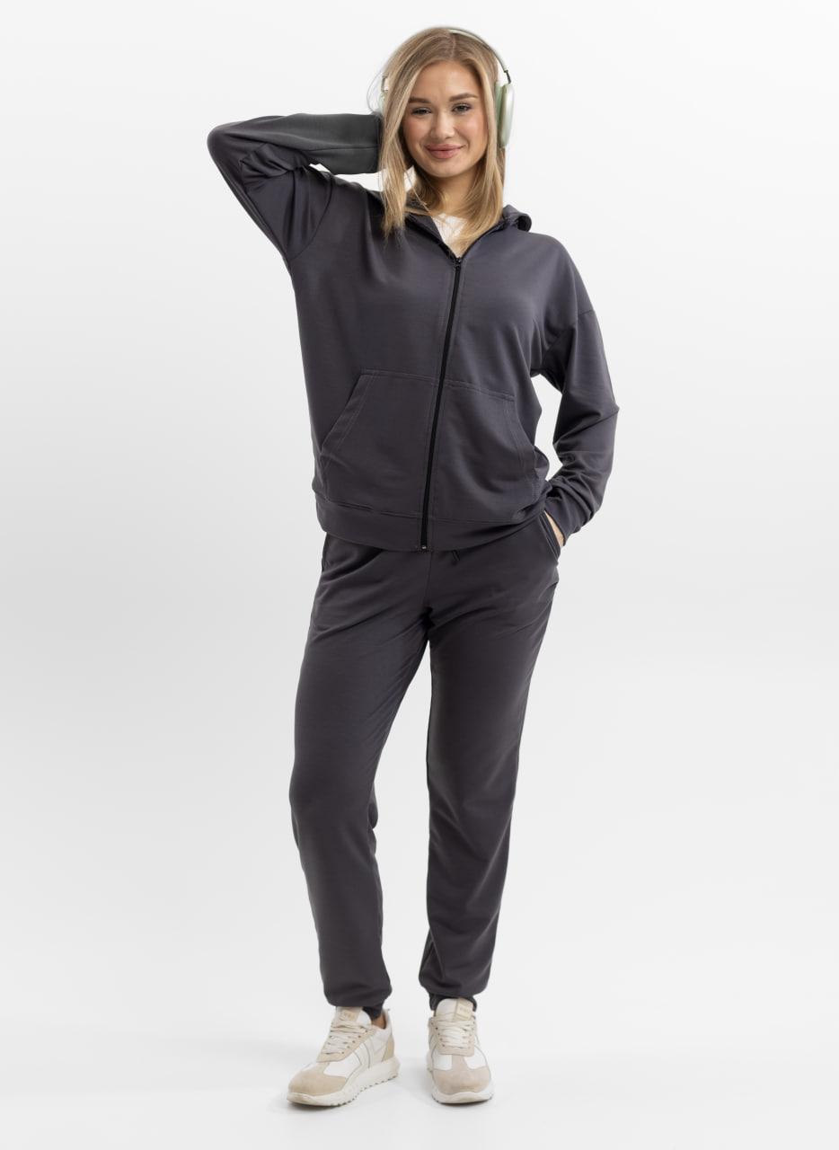 Жіночий спортивний костюм на блискавці з капюшоном із двонитки весна-осінь графіт Moor-p, фото 1