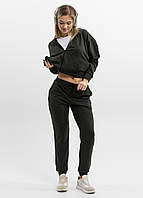 Жіночий спортивний костюм на блискавці з капюшоном із двонитки весна-осінь хакі Moor-p