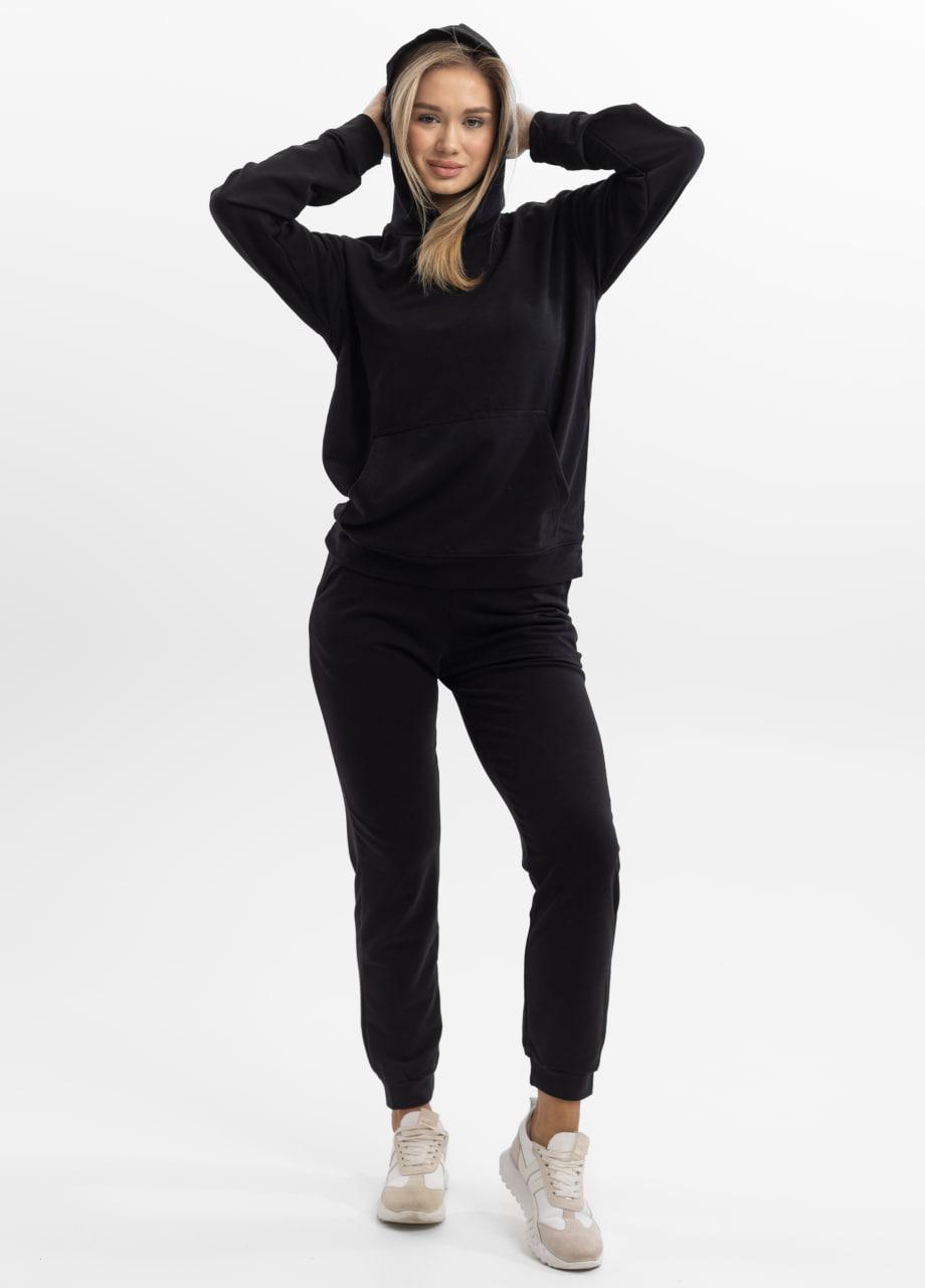 Жіночий спортивний костюм худі з капюшоном із двонитки весна-осінь чорний Moor-p, фото 1