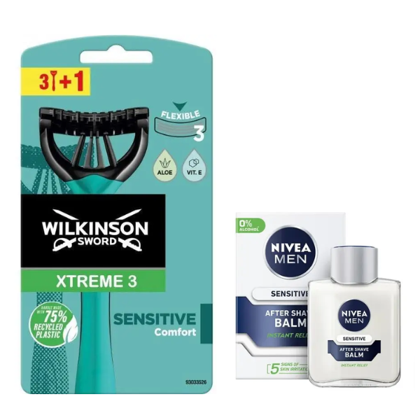Чоловічі одноразові станки Wilkinson Sword Xtreme 3 Sensitive 3+1 + Nivea Men Sensitive бальзам після гоління 100 мл