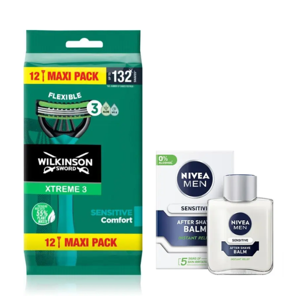 Одноразові станки Wilkinson Sword Xtreme 3 Sensitive (12 шт.) + Nivea Men Sensitive бальзам після гоління 100 мл