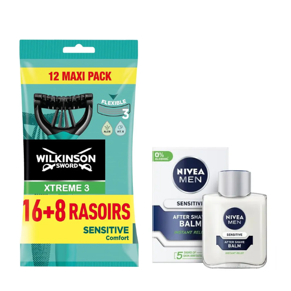 Одноразові станки Wilkinson Sword Xtreme 3 Sensitive (16+8 шт.) + Nivea Men Sensitive бальзам після гоління 100 мл