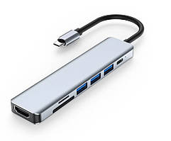USB Хаб 7 в 1 Type-C to HDMI 4K + TF/SD + 3*USB3.0 + USB-C PD 87W TRY PLUG, сірий