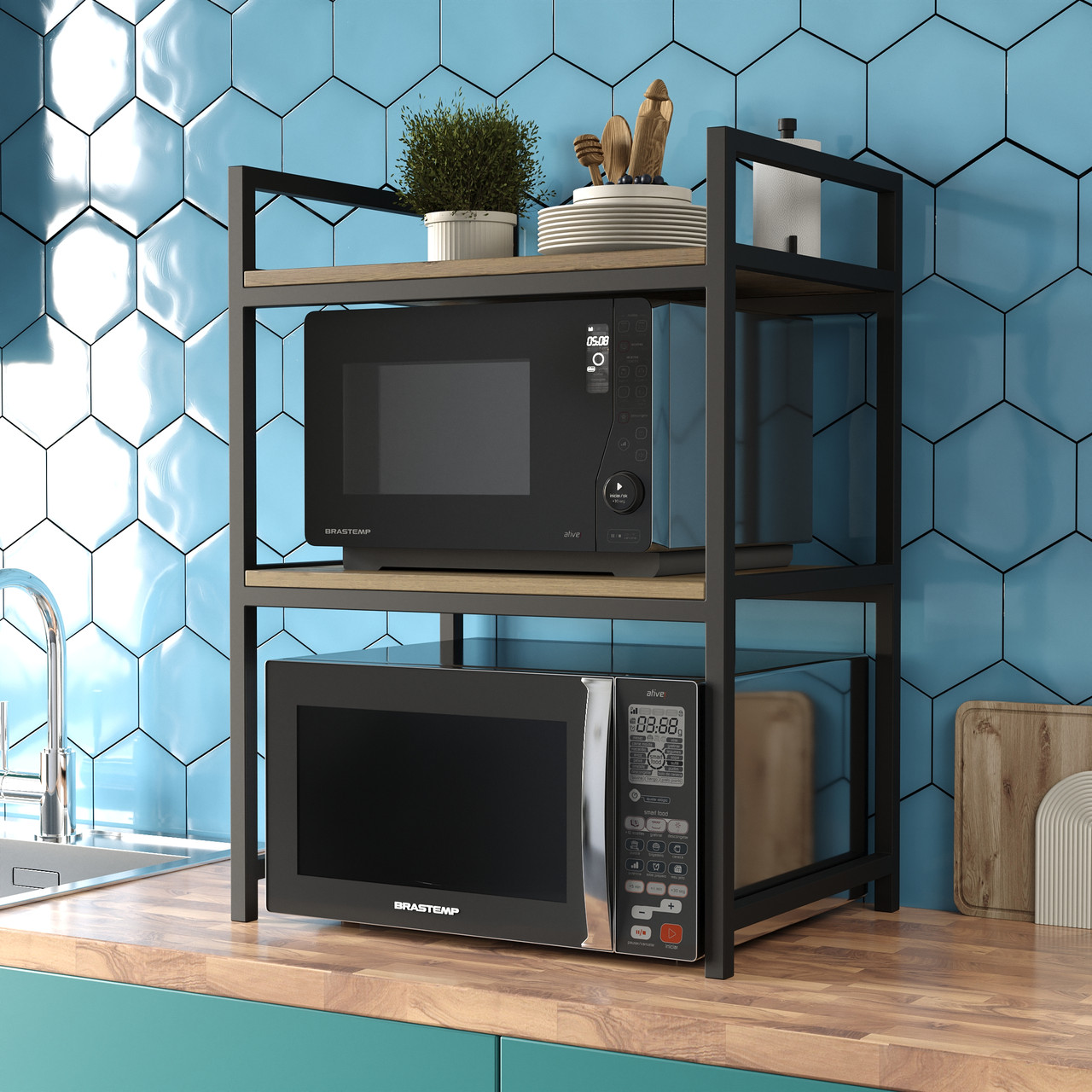 Кухонна підставка для мікрохвильової печі та побутової техніки на дві полички з металу та ЛДСП, фото 1