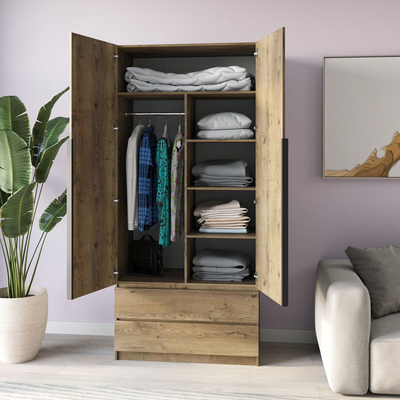 Шафа для одягу на двоє дверей з поличками та штангою та двома висувними ящиками, фото 1