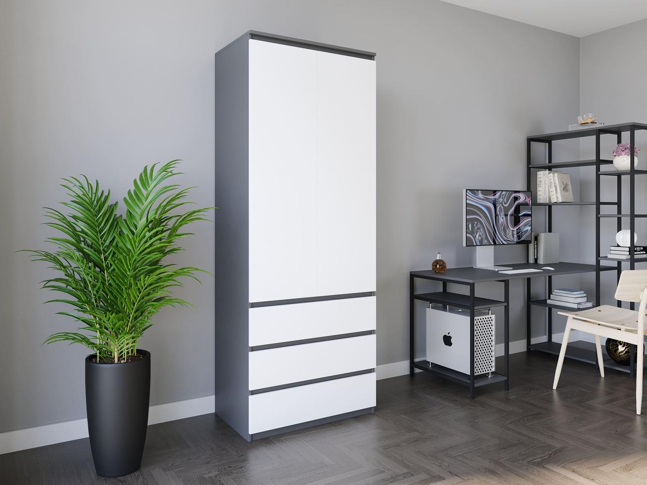 Шафа для одягу зі штангою на 3 висувних шухляди з фасадами без ручок з ДСП, фото 1