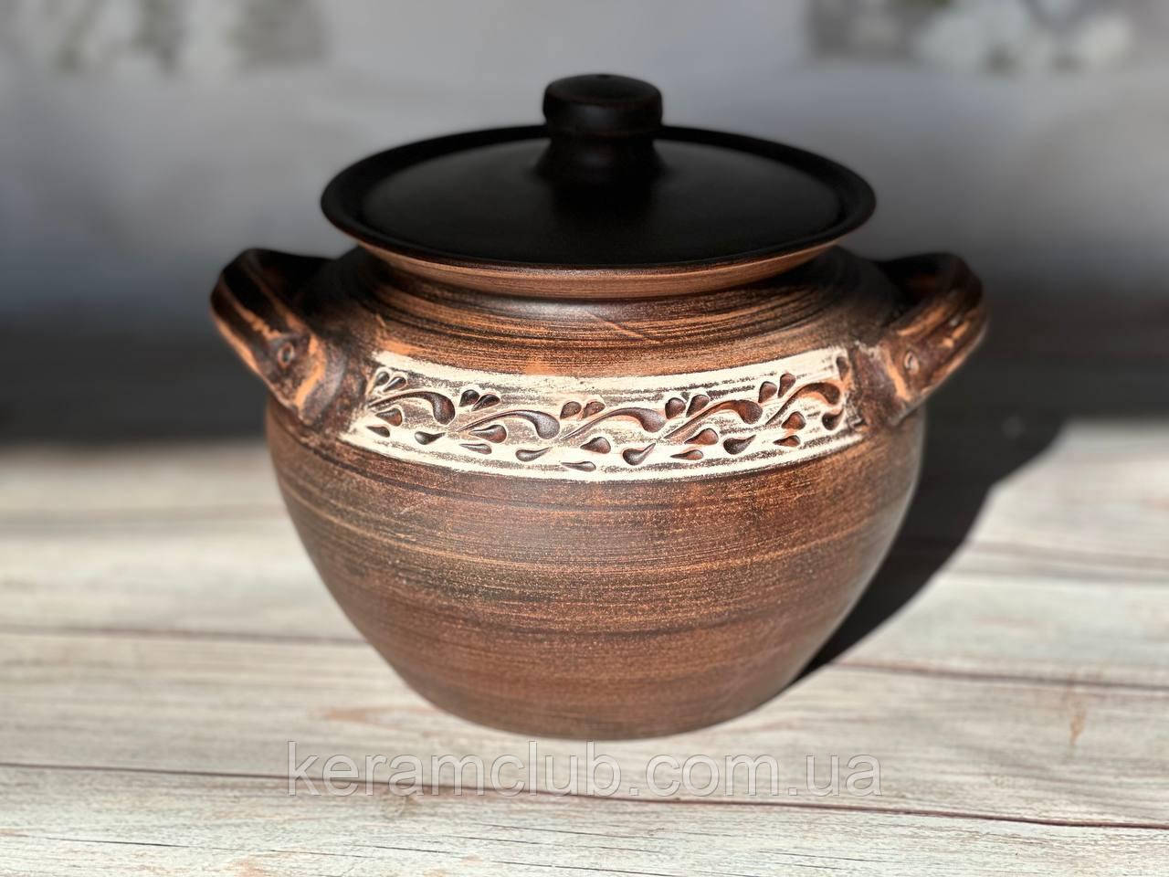 Глиняна супниця ручної роботи V 2.5 л декор Ангоб