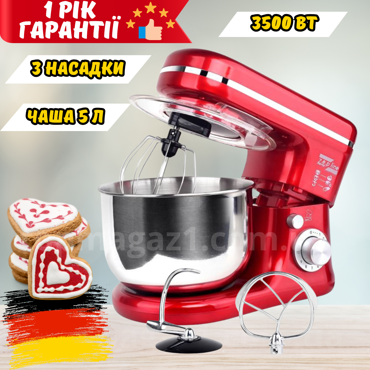 Потужний планетарний міксер-тістоміс Zepline 3500 Вт тістоміс для дому 5 л кухонний стаціонарний стаціонарний міксер 3в1, фото 1