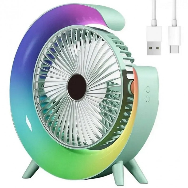 Настільний акумуляторний вентилятор з RGB-підсвічуванням, USB заряджання, 3 швидкості, поворот 180°,