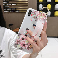 Рельєфний силіконовий чохол для iPhone XR з ремінцем-підставкою Квіточки