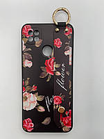 Силіконовий чохол для Xiaomi Redmi 9c з ремінцем-підставкою Троянди на чорному