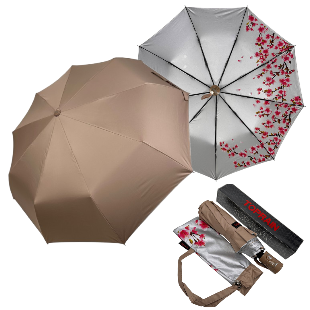 Жіноча автоматична парасоля на 9 спиць від Toprain з малюнком сакури всередині, бежевий, 04482-4